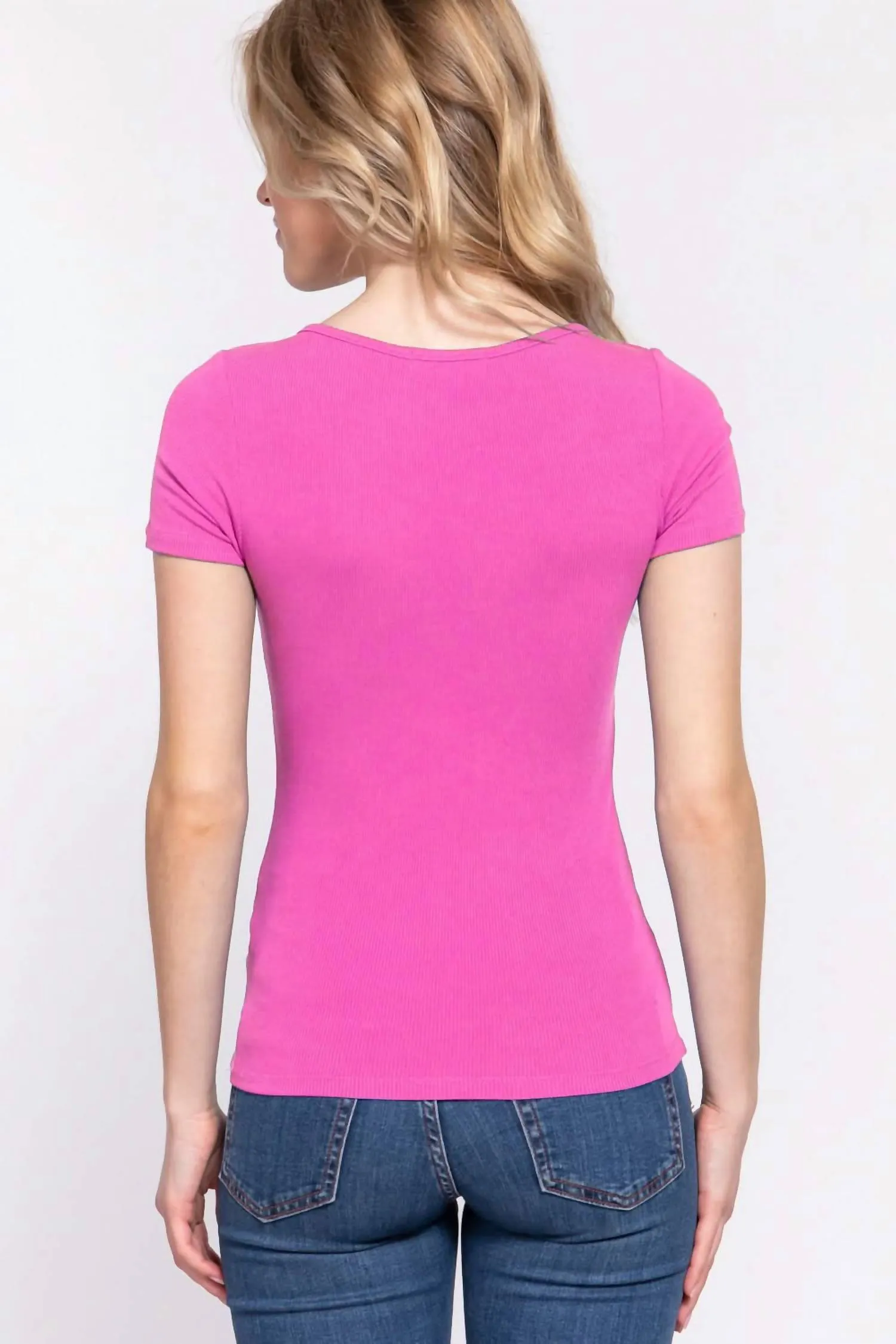 Active Basic - Lace Up Short Sleeve Rib Knit T-Shirt