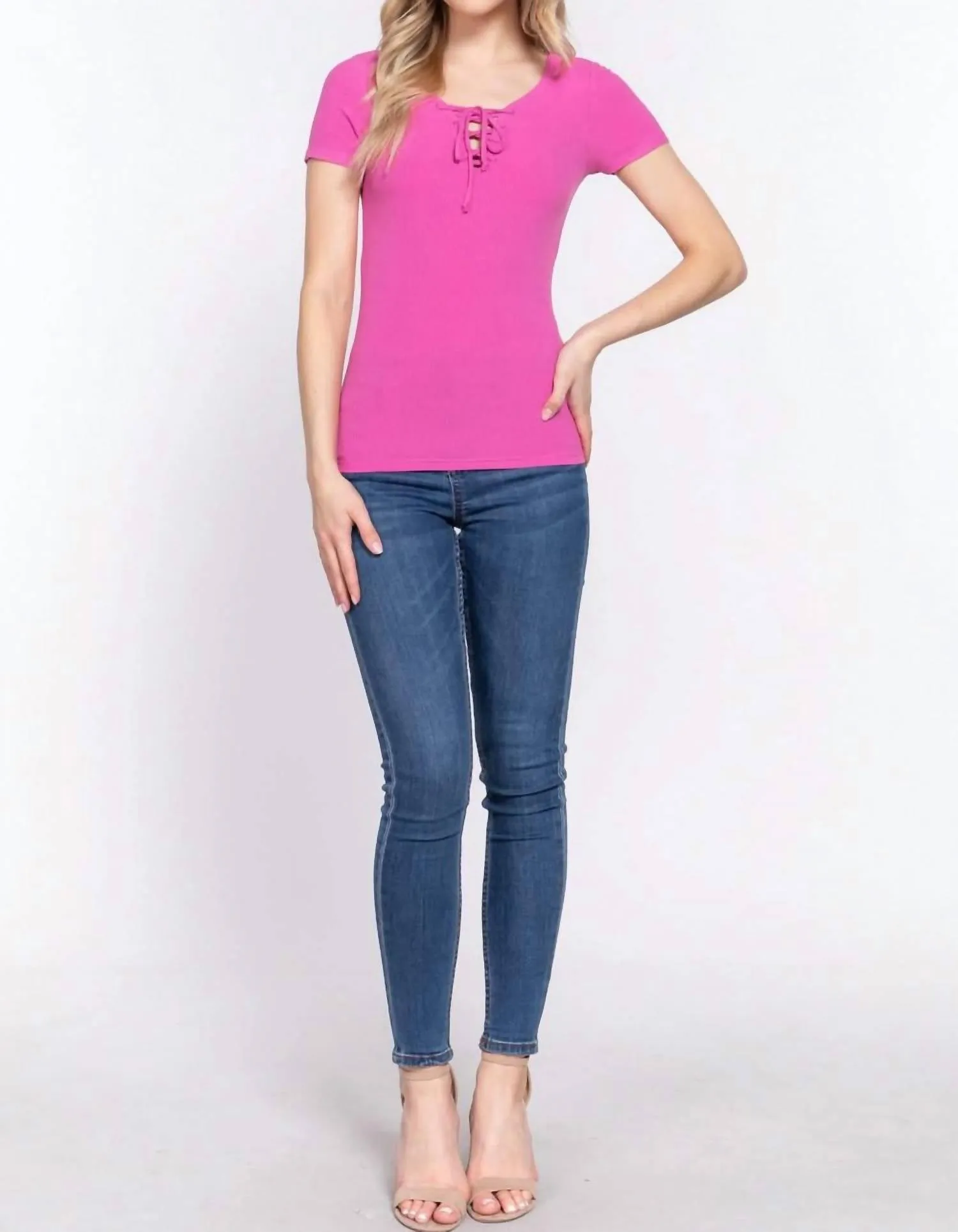 Active Basic - Lace Up Short Sleeve Rib Knit T-Shirt