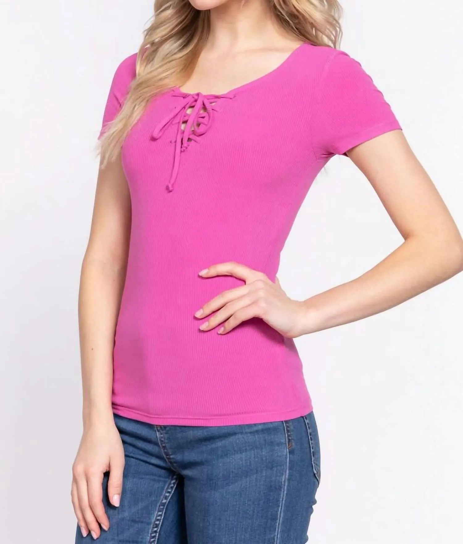 Active Basic - Lace Up Short Sleeve Rib Knit T-Shirt