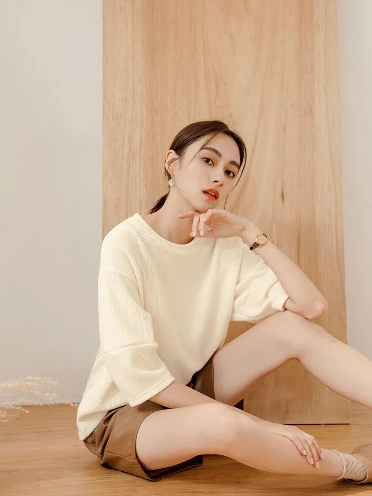 Basic Solid Plain Loose Knit Sweater Blouse Top