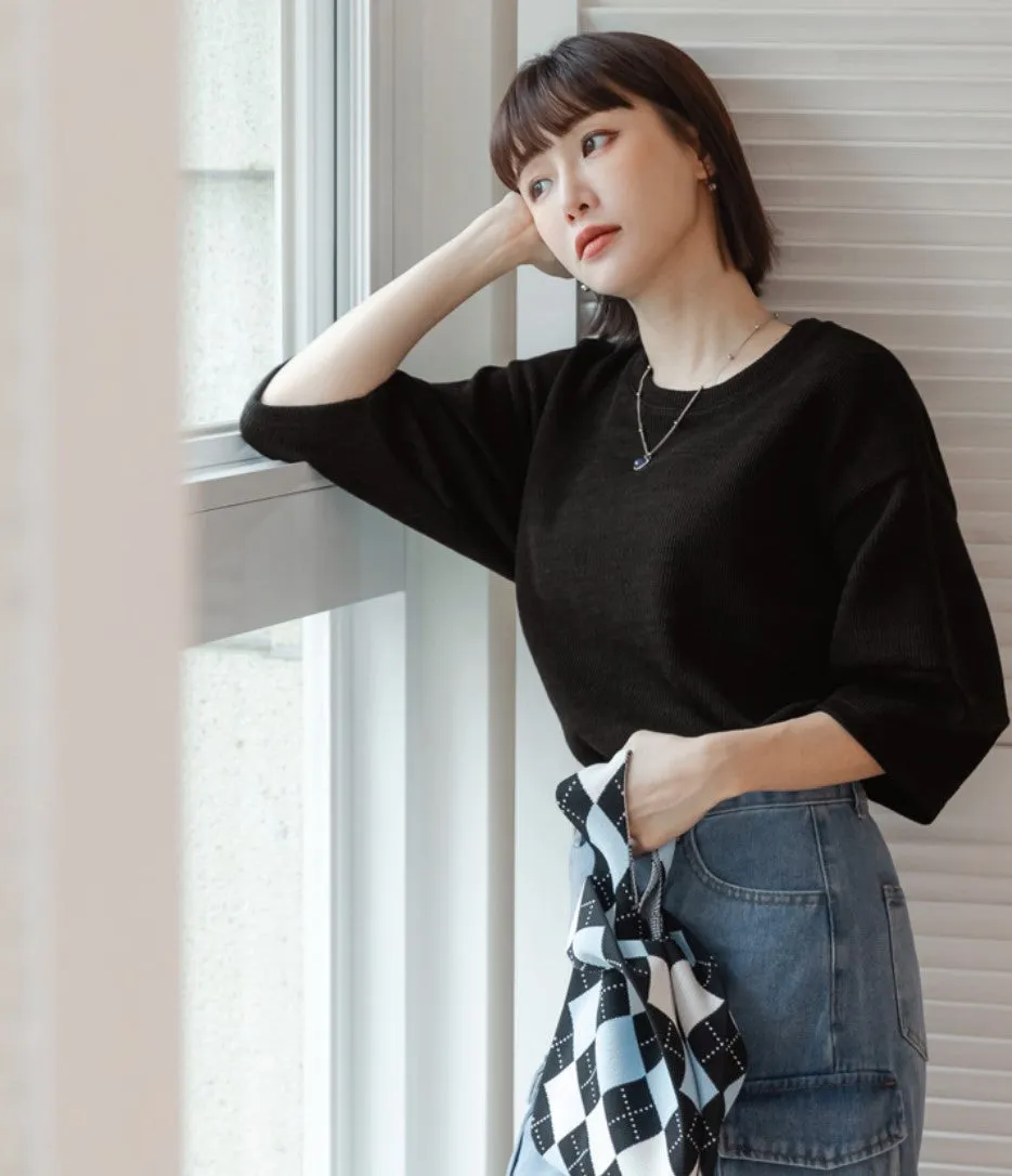 Basic Solid Plain Loose Knit Sweater Blouse Top