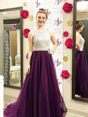Bateau Halter A-line Beading Tulle Formal Dresses