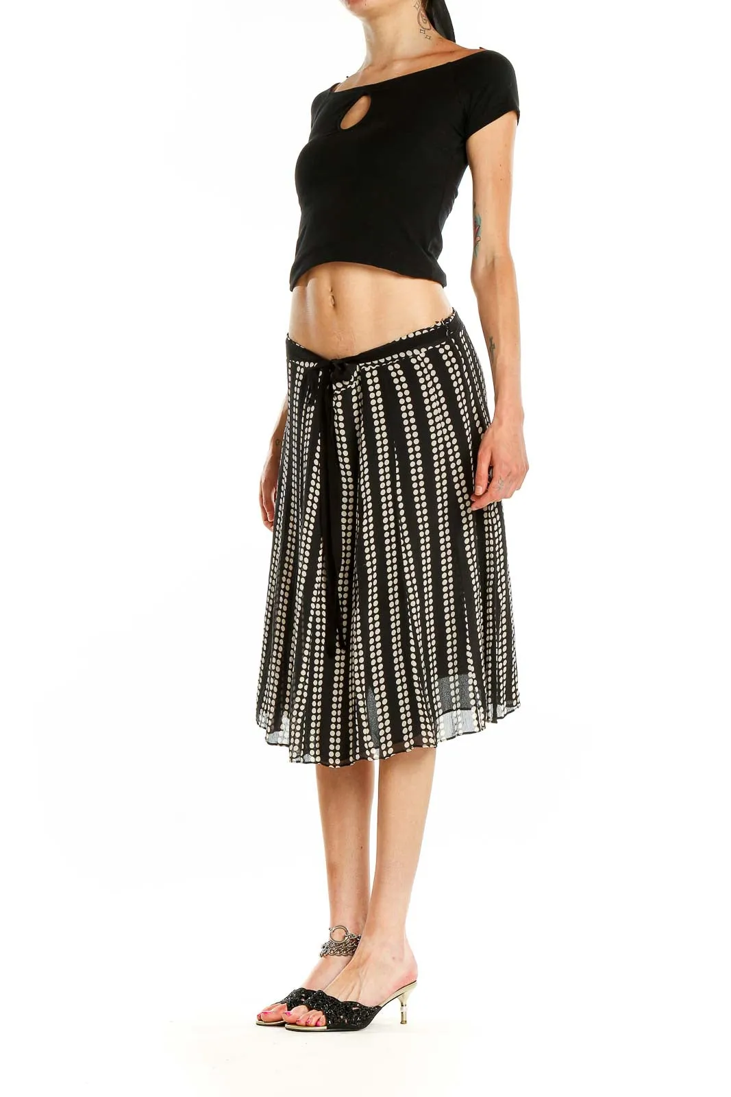 Black and White Polka Dot Pleated Midi Skirt