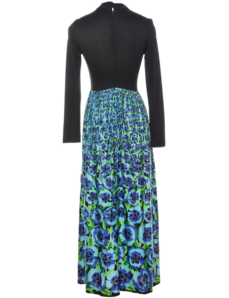 Black, Blue & Green Floral 1970s Maxi Dress - S