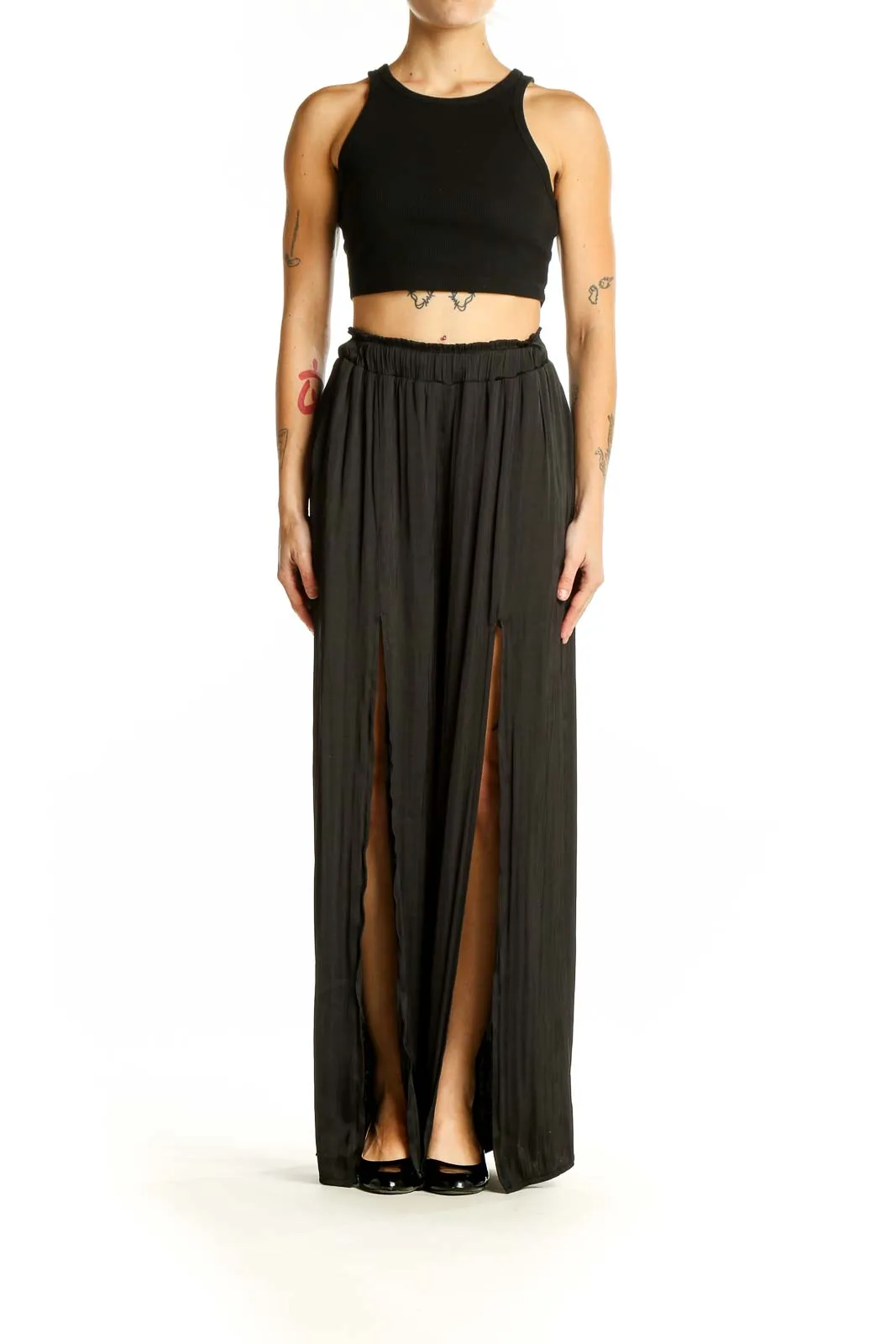 Black Flowy Wide-Leg Pants with Slits