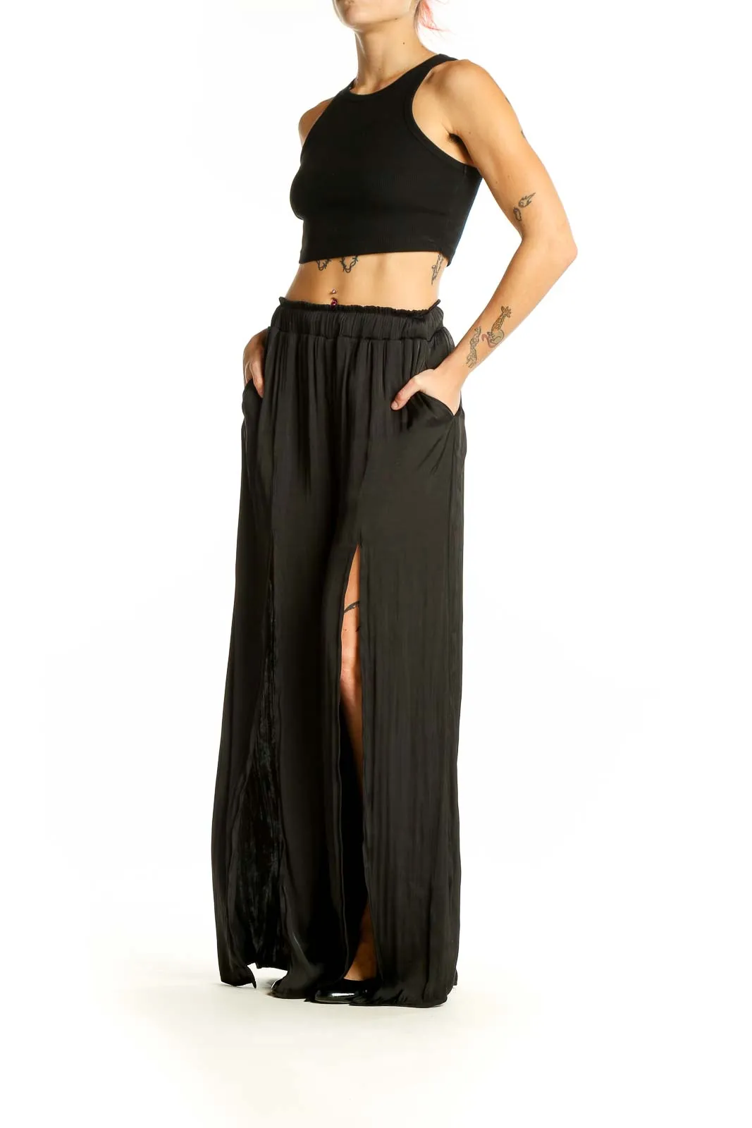 Black Flowy Wide-Leg Pants with Slits
