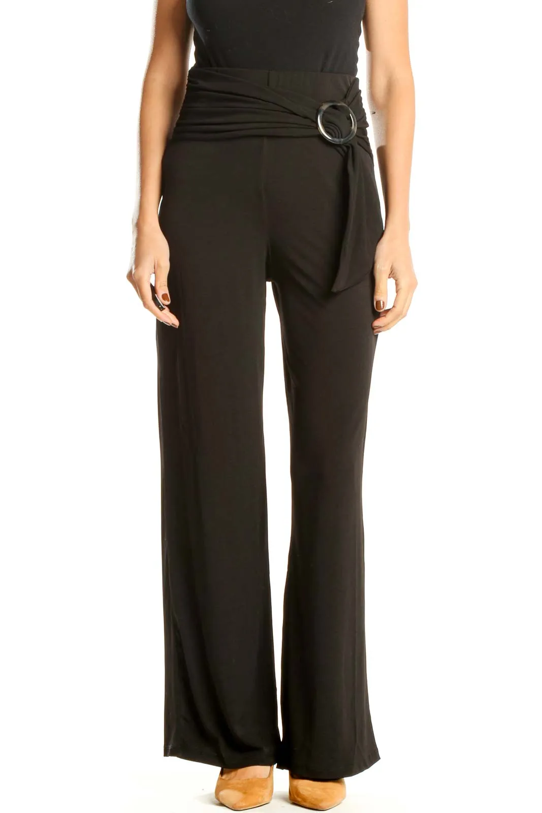 Black Wide Leg Classic Pants With Waist Detail