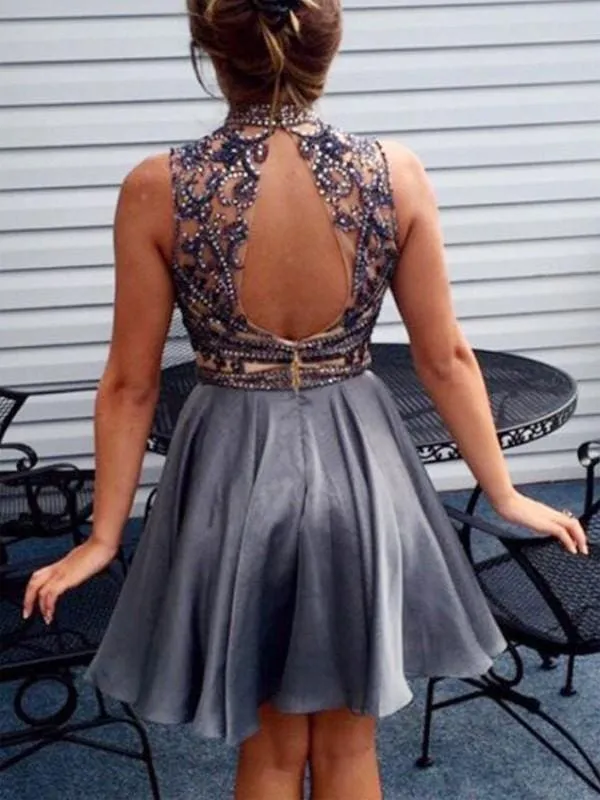 Bridelily A-Line Chiffon High Neck Sleeveless Short/Mini With Beading Dresses