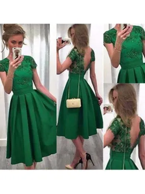Bridelily A-Line Satin Scoop Short Sleeves Short/Mini With Lace Dresses