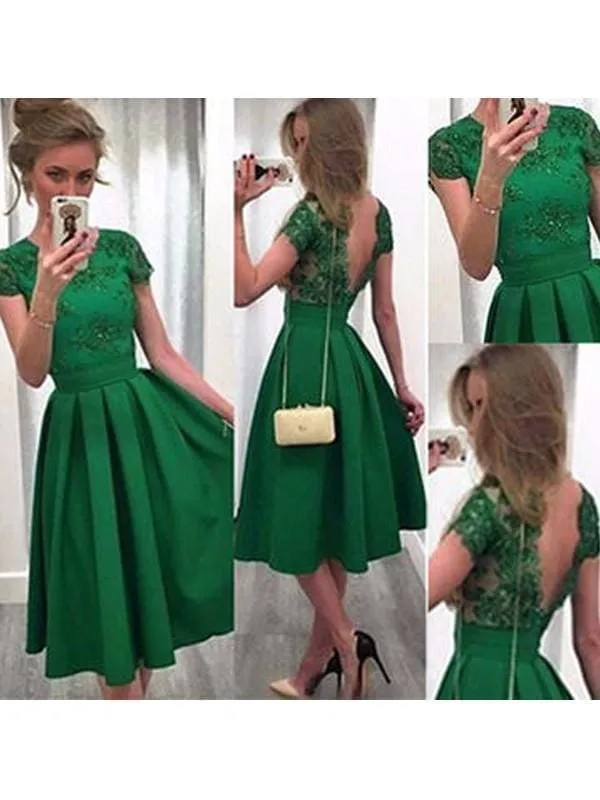 Bridelily A-Line Satin Scoop Short Sleeves Short/Mini With Lace Dresses