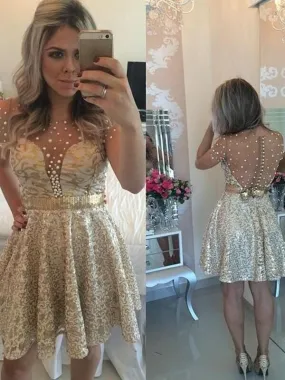 Bridelily A-Line Satin Scoop Sleeveless Short Prom Dresses