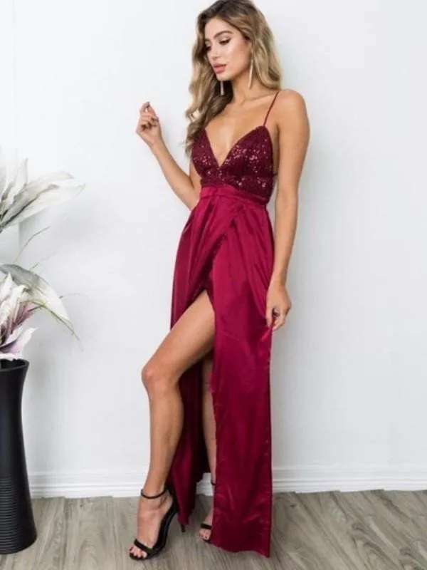 Bridelily A-Line Sleeveless Straps Floor-Length Sequin Chiffon Dresses
