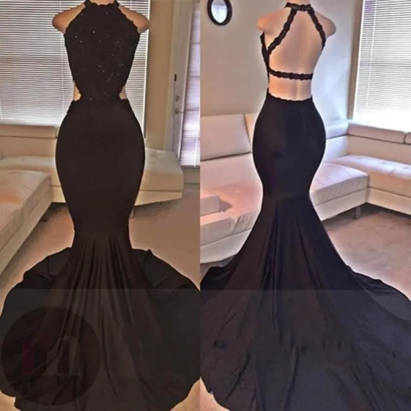 Bridelily Backless Mermaid Lace Sleeveless Black Long Prom Dresses ly149
