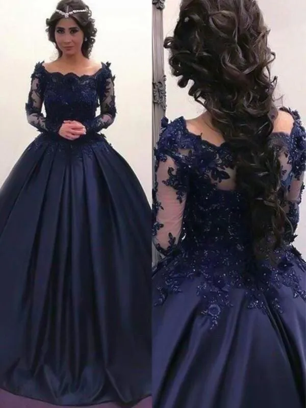 Bridelily Ball Gown Bateau Long Sleeves Sweep/Brush Train With Applique Satin Dresses