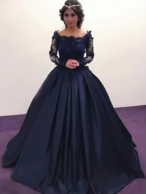 Bridelily Ball Gown Bateau Long Sleeves Sweep/Brush Train With Applique Satin Dresses