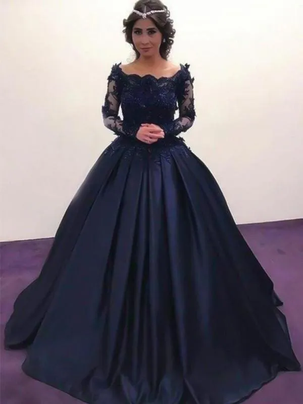 Bridelily Ball Gown Bateau Long Sleeves Sweep/Brush Train With Applique Satin Dresses