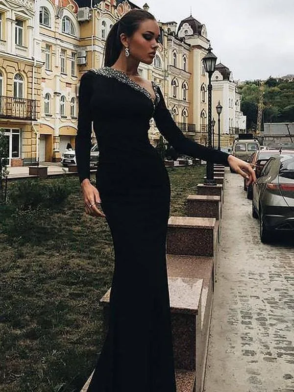 Bridelily Mermaid Long Sleeves One-Shoulder Spandex With Beading Floor-Length Dresses
