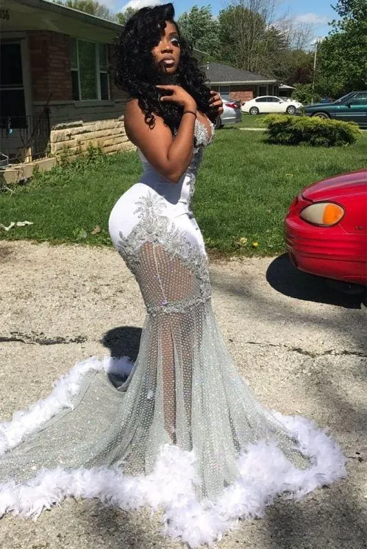 Bridelily Silver Mermaid Ombre Prom Dresses 2020 with Feather