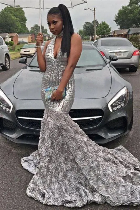 Bridelily Silver Sequins V-neck Sexy Prom Dress | Rose Bottom Sleeveless 2019 Evening Gown FB0291
