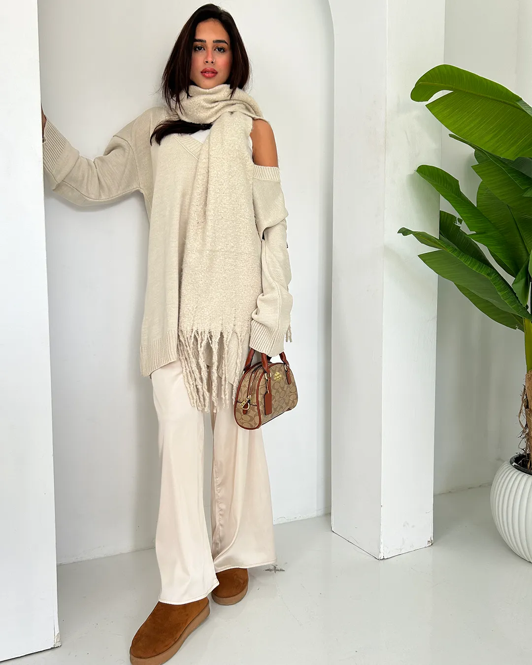 Cream Silk Wide Pants