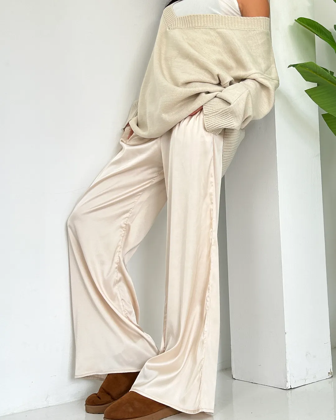 Cream Silk Wide Pants