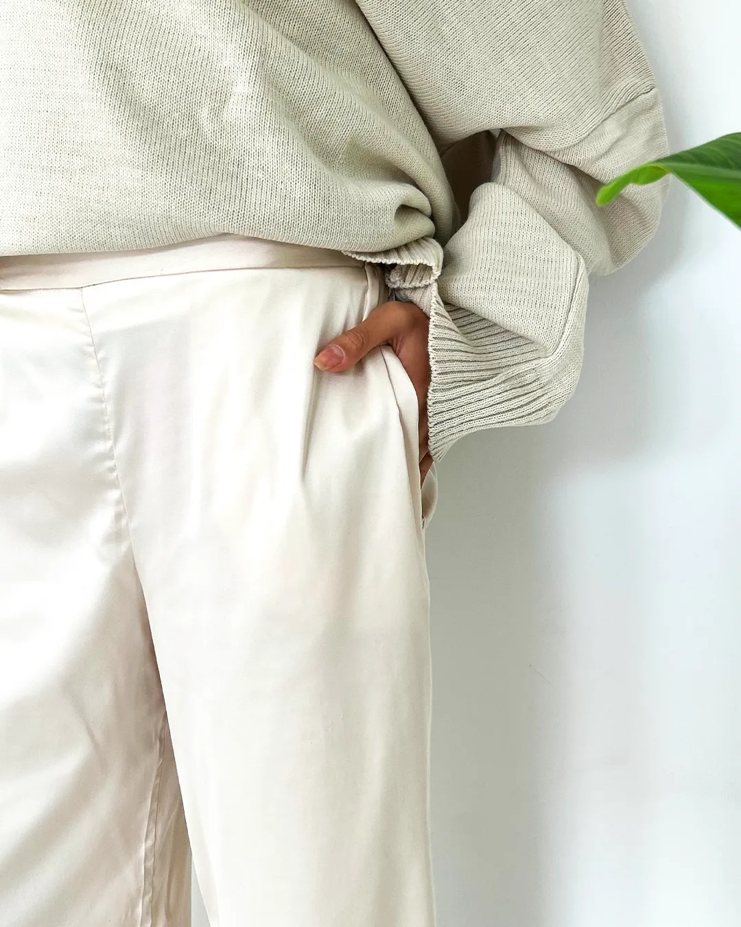 Cream Silk Wide Pants