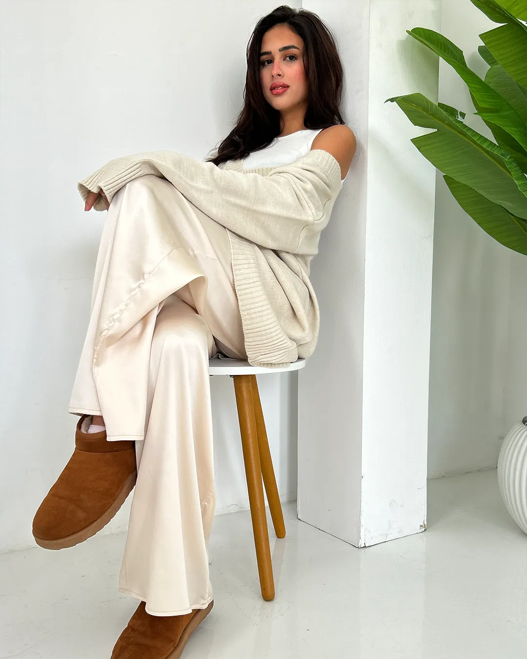 Cream Silk Wide Pants