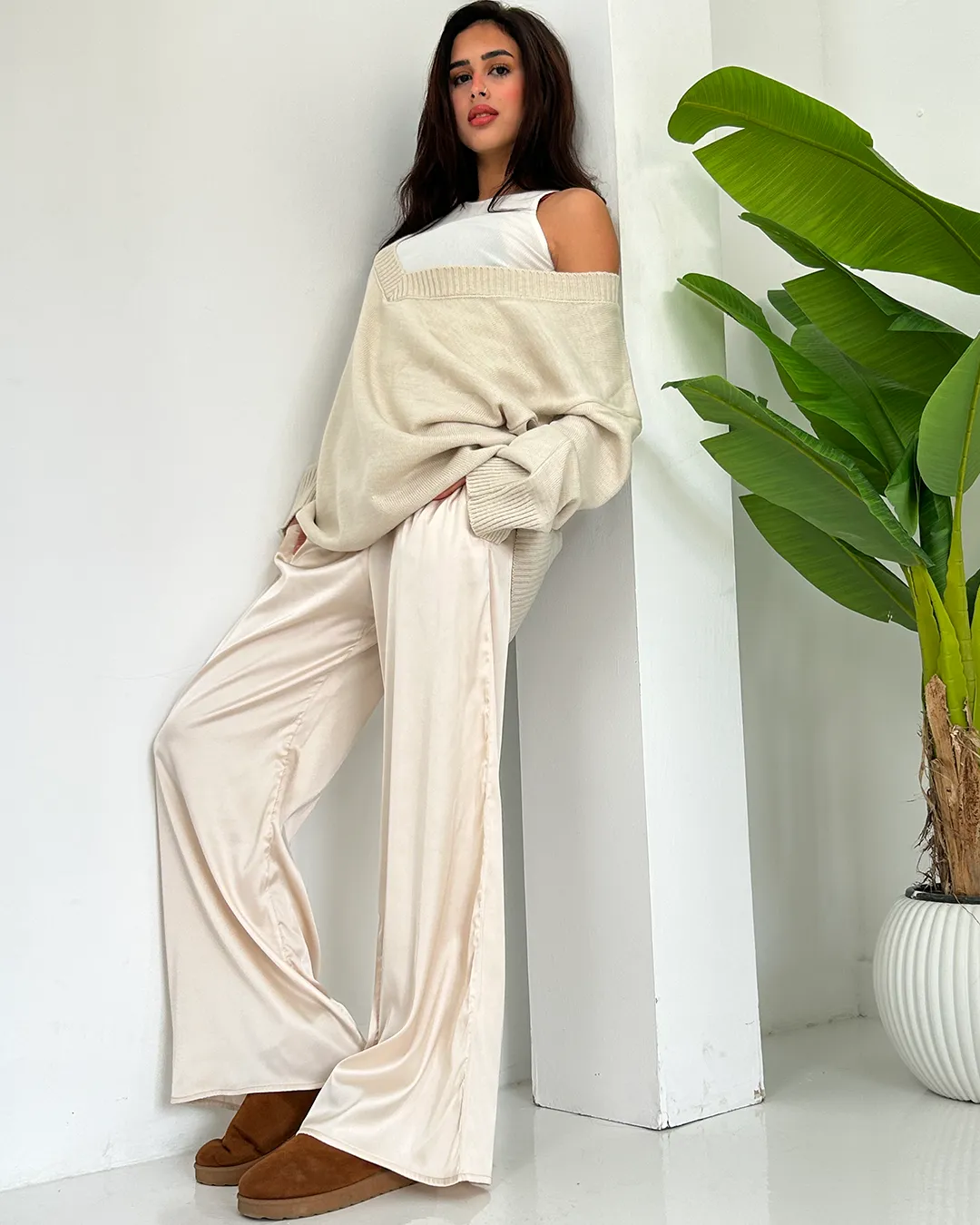 Cream Silk Wide Pants