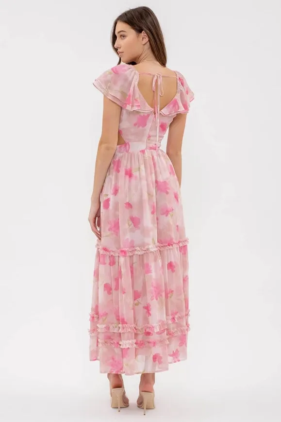 Floral Waist Cut Out Ruffle Midi Dress DUSTY ROSE MULTI