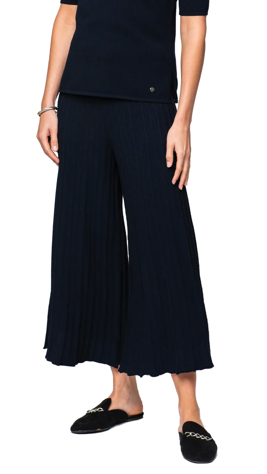 Giuliana Plisse-Look Cropped Wide Leg Pants; Dark navy