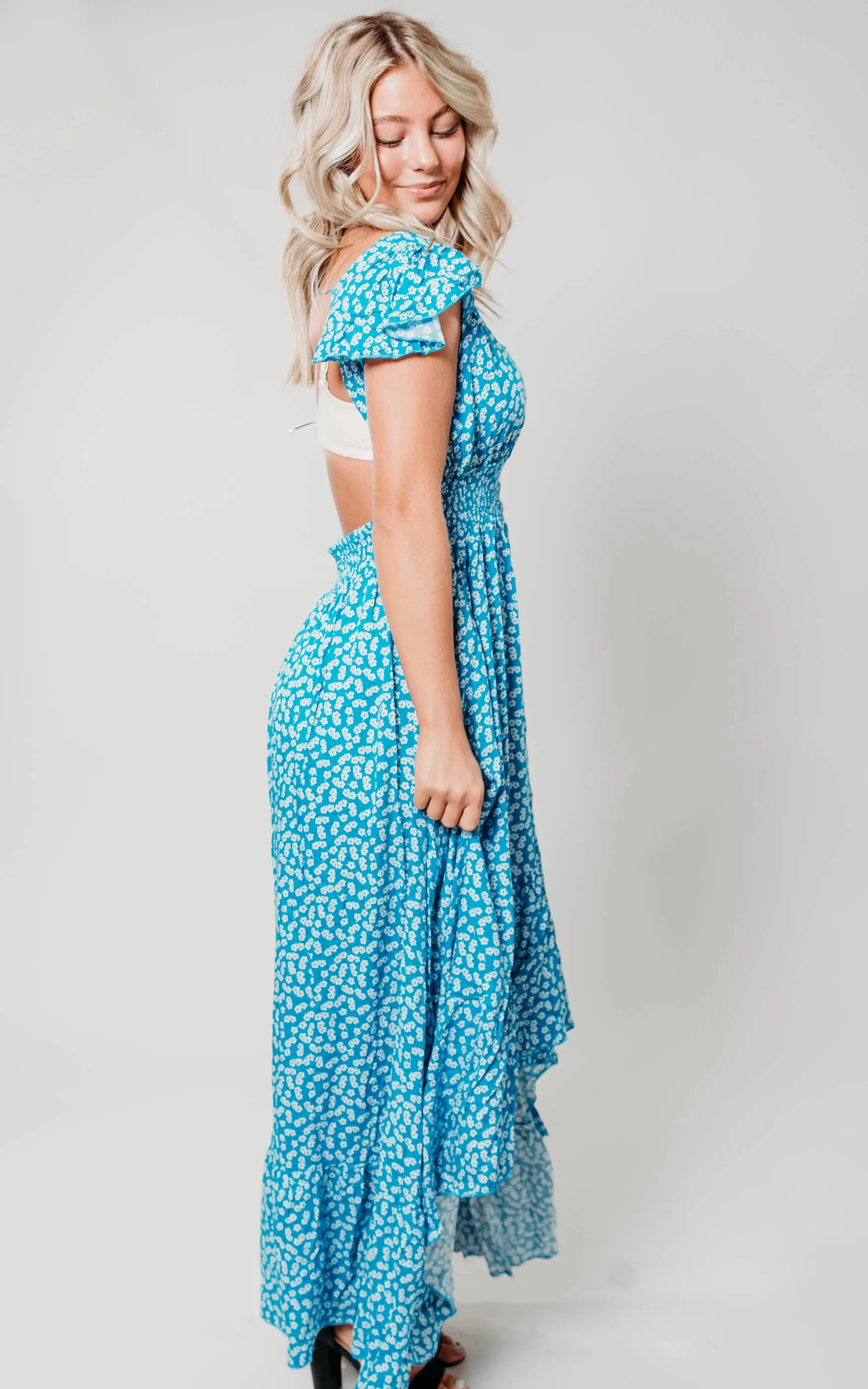 High Low Floral Blue Dress