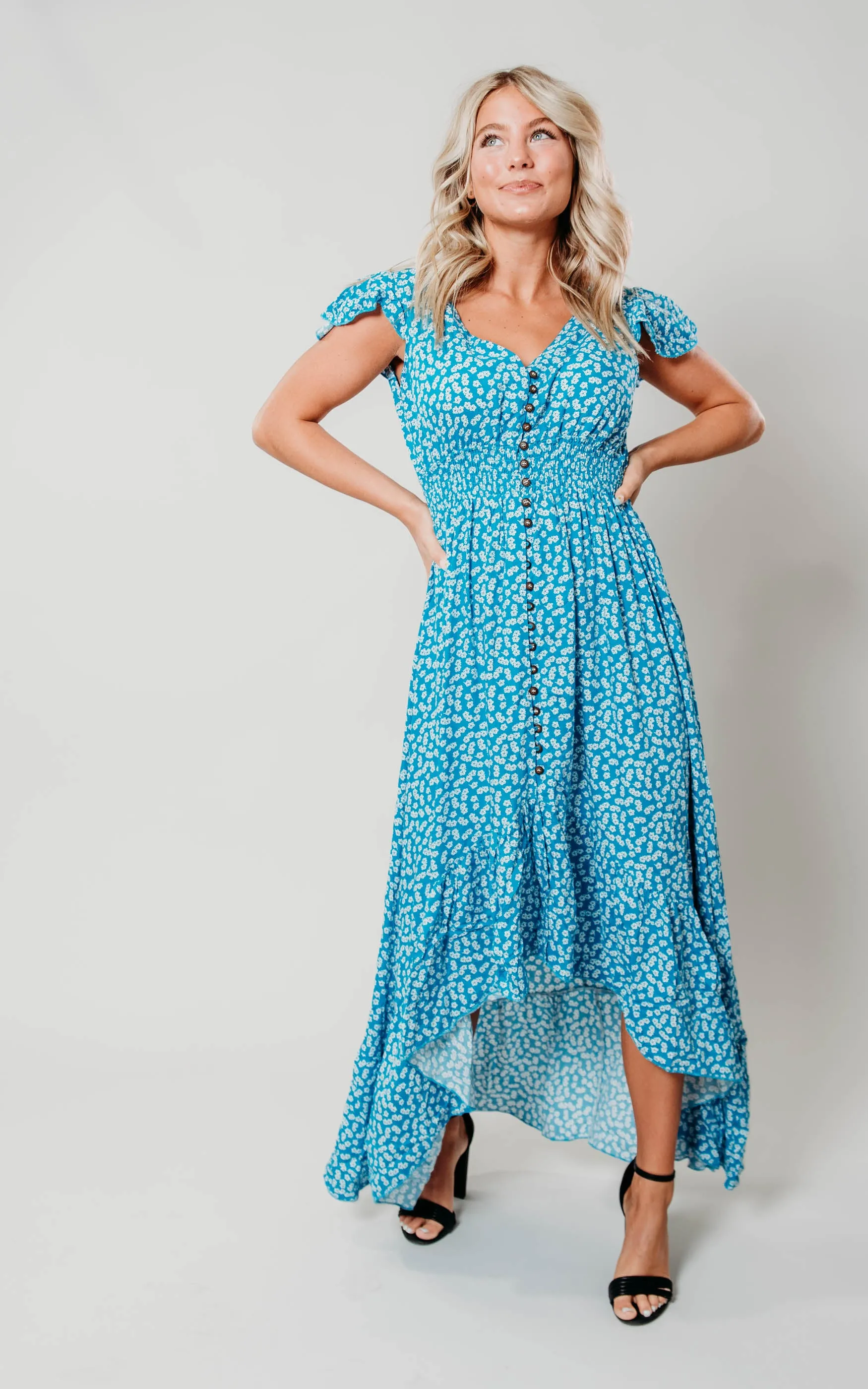 High Low Floral Blue Dress