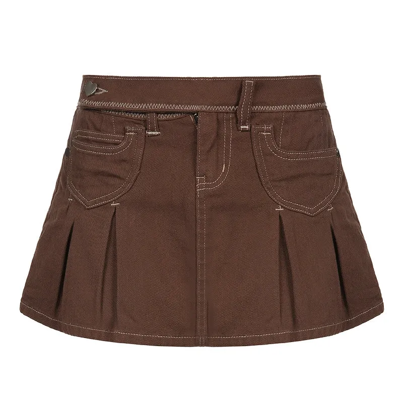 Julia Fashion - Women Pleated Brown Jean Skirts