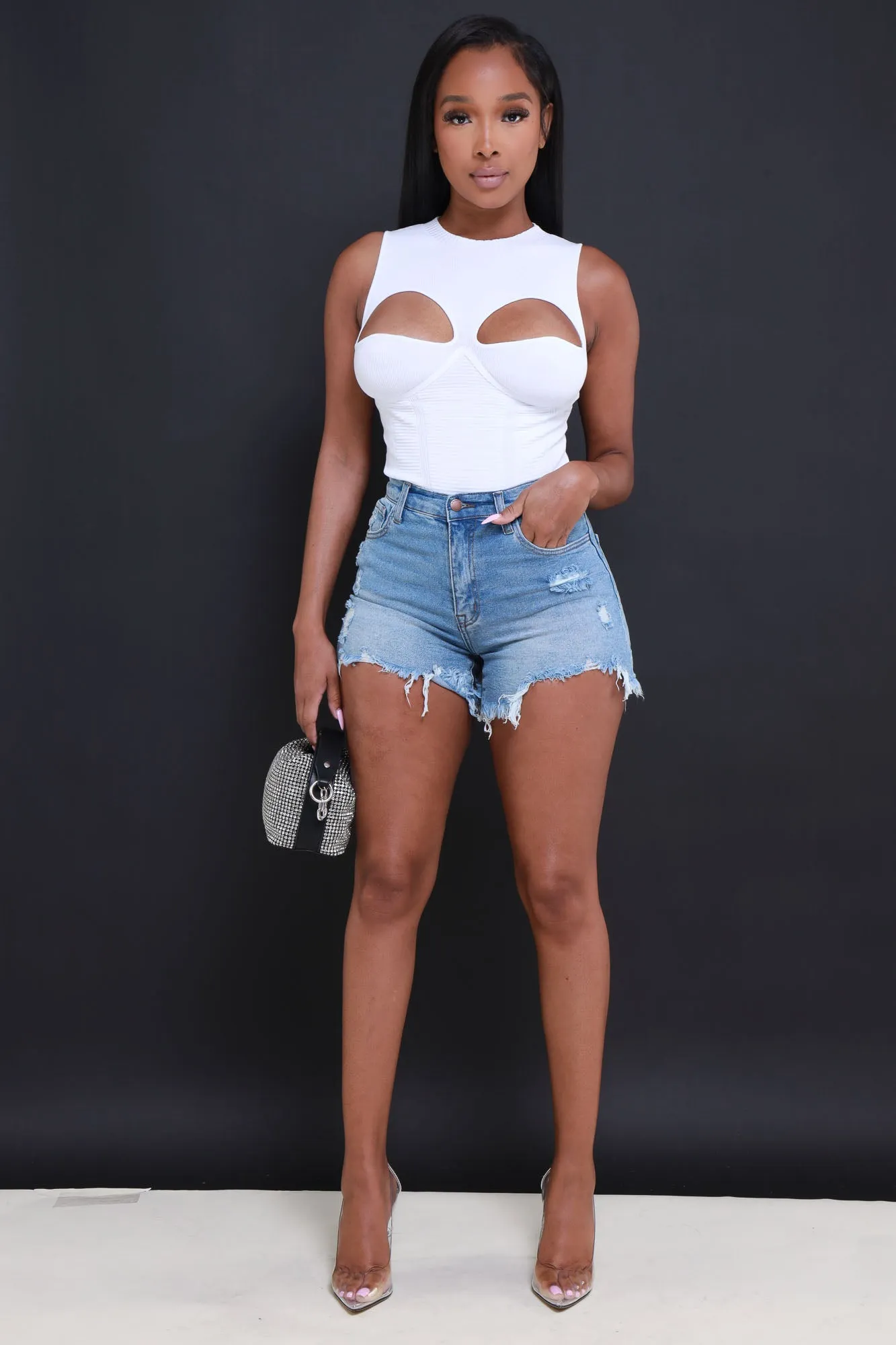 Lazy Day High Rise Distressed Denim Shorts - Light Wash