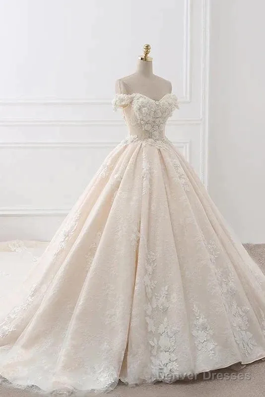 Off The Shouder Ball Gown Champagne Floral Wedding Dress