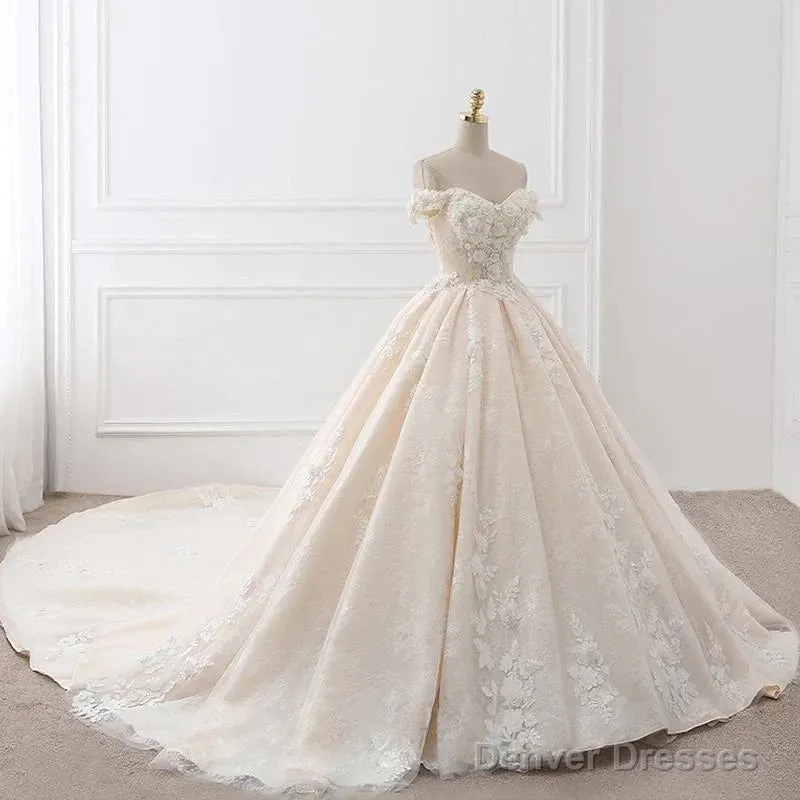 Off The Shouder Ball Gown Champagne Floral Wedding Dress