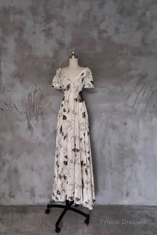 Pretty A Line V Neckline Floral Long Prom Dresses Birthday Dress For Women