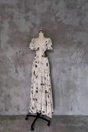 Pretty A Line V Neckline Floral Long Prom Dresses Birthday Dress For Women