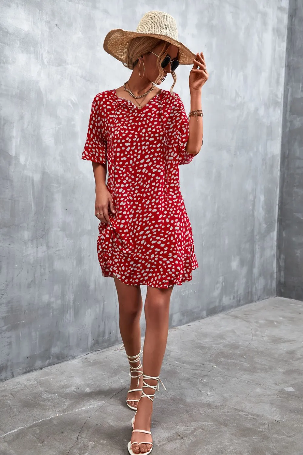 Printed Flare Sleeve Ruffle Hem Dress