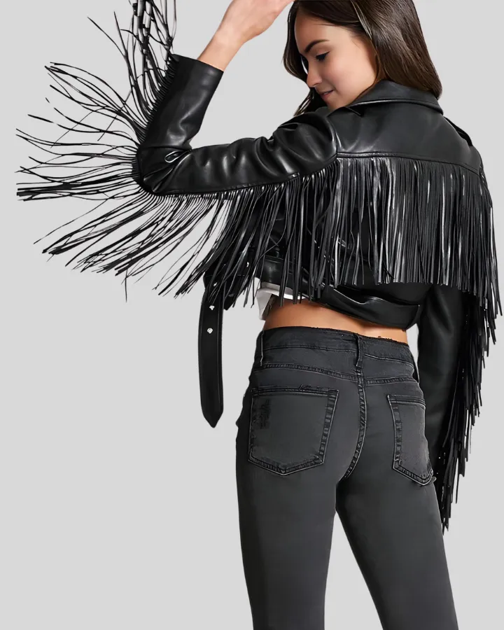 Rebel Fringe Black Leather Moto Leather Jacket
