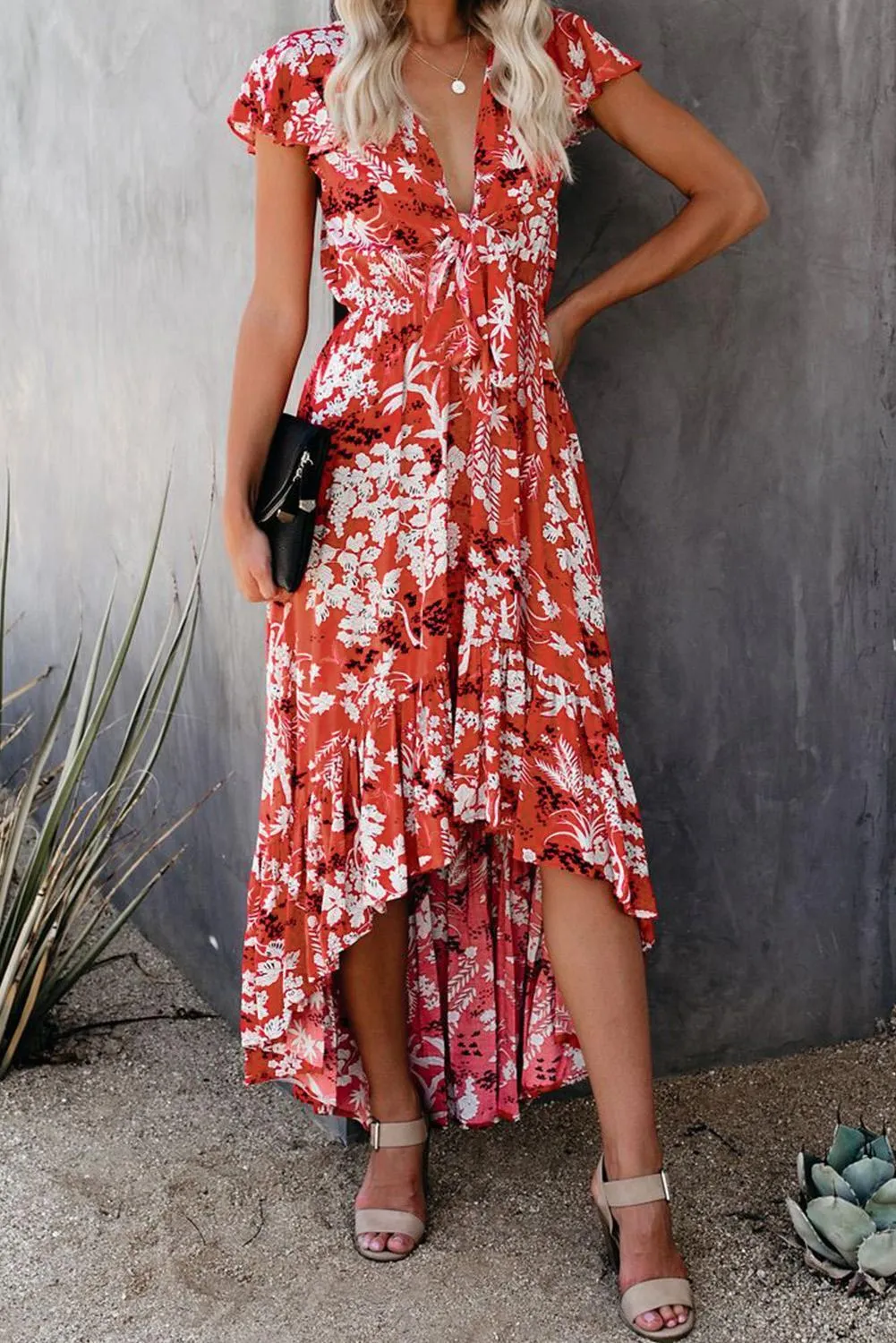 Red High Low Deep V Tie Floral Maxi Dress