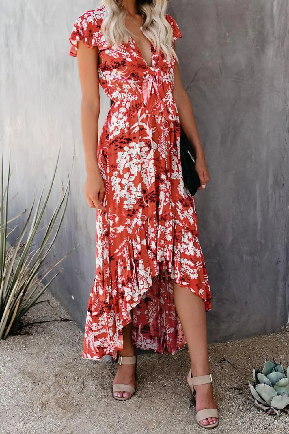 Red High Low Deep V Tie Floral Maxi Dress