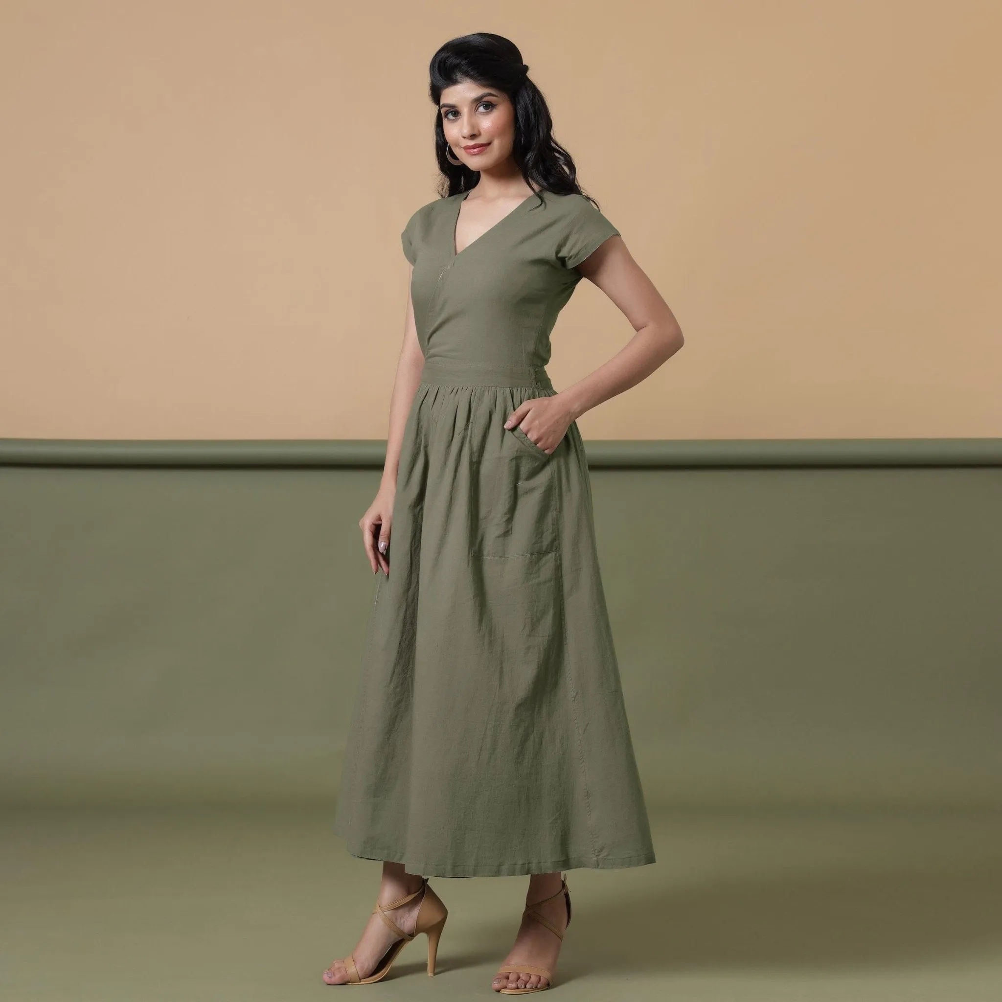 Sage Green Cotton V-Neck Maxi Wrap Dress