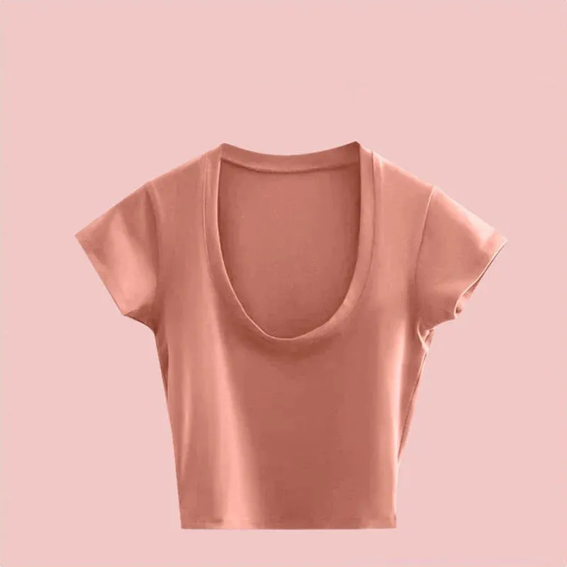 Sexy Gray U-Neck Basic Short Sleeve Tee