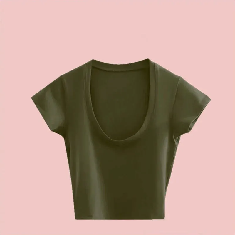 Sexy Gray U-Neck Basic Short Sleeve Tee