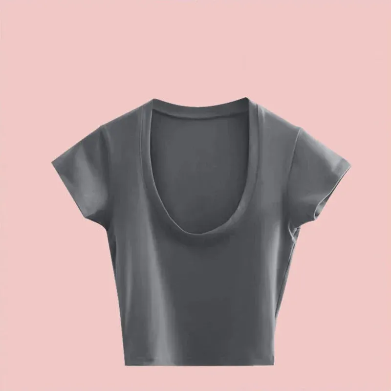 Sexy Gray U-Neck Basic Short Sleeve Tee