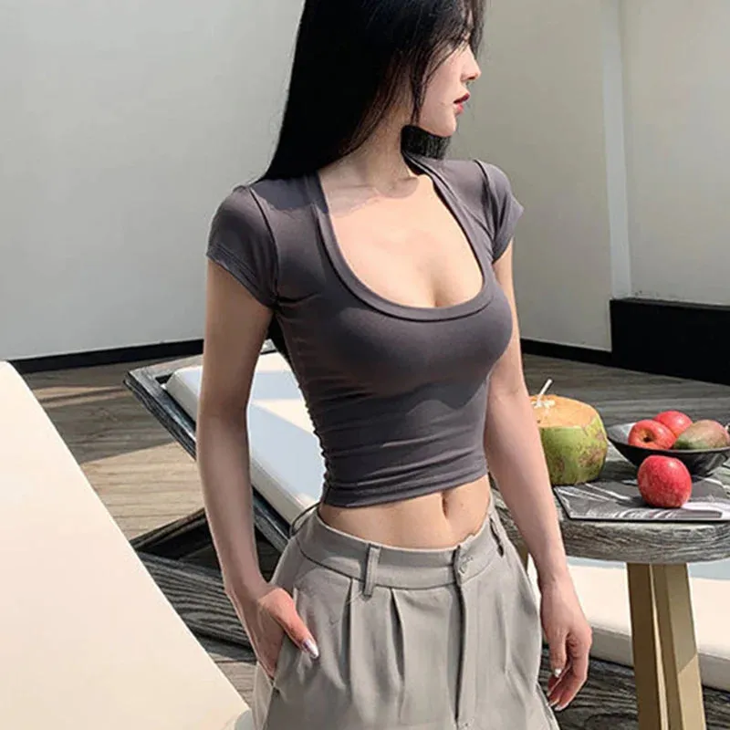 Sexy Gray U-Neck Basic Short Sleeve Tee