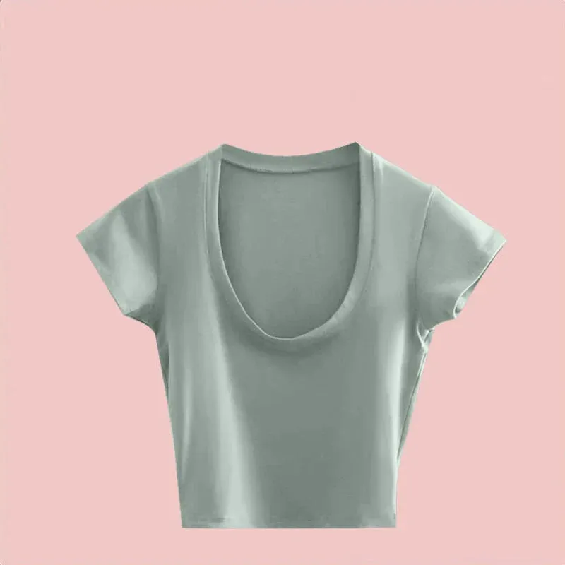 Sexy Gray U-Neck Basic Short Sleeve Tee