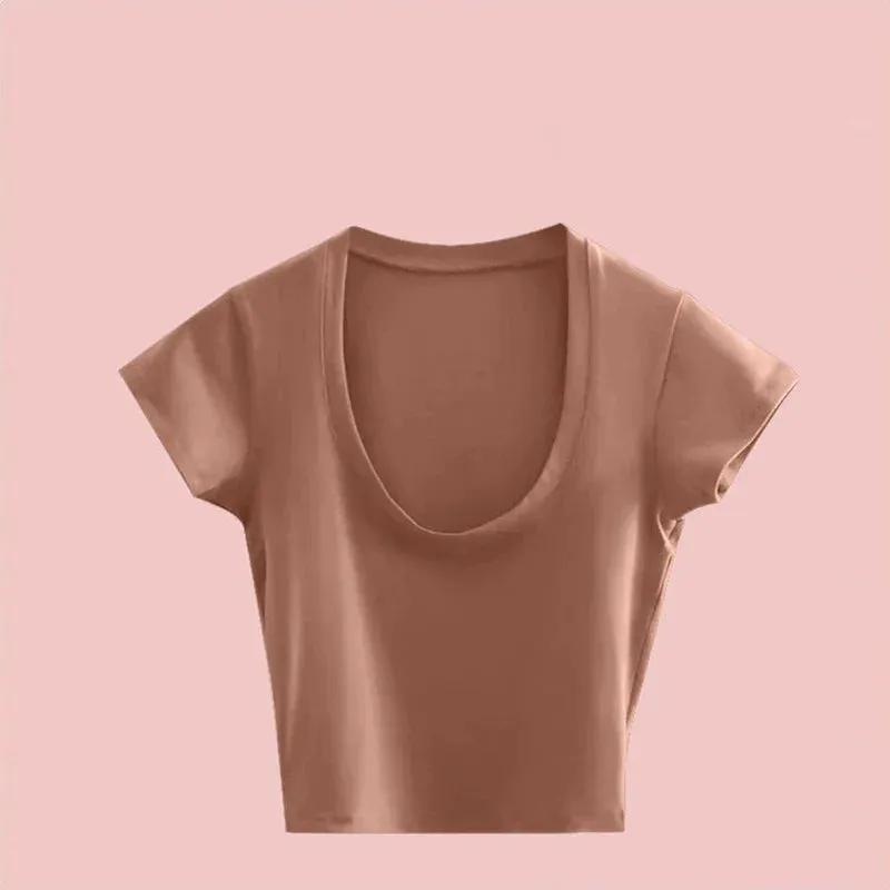 Sexy Gray U-Neck Basic Short Sleeve Tee