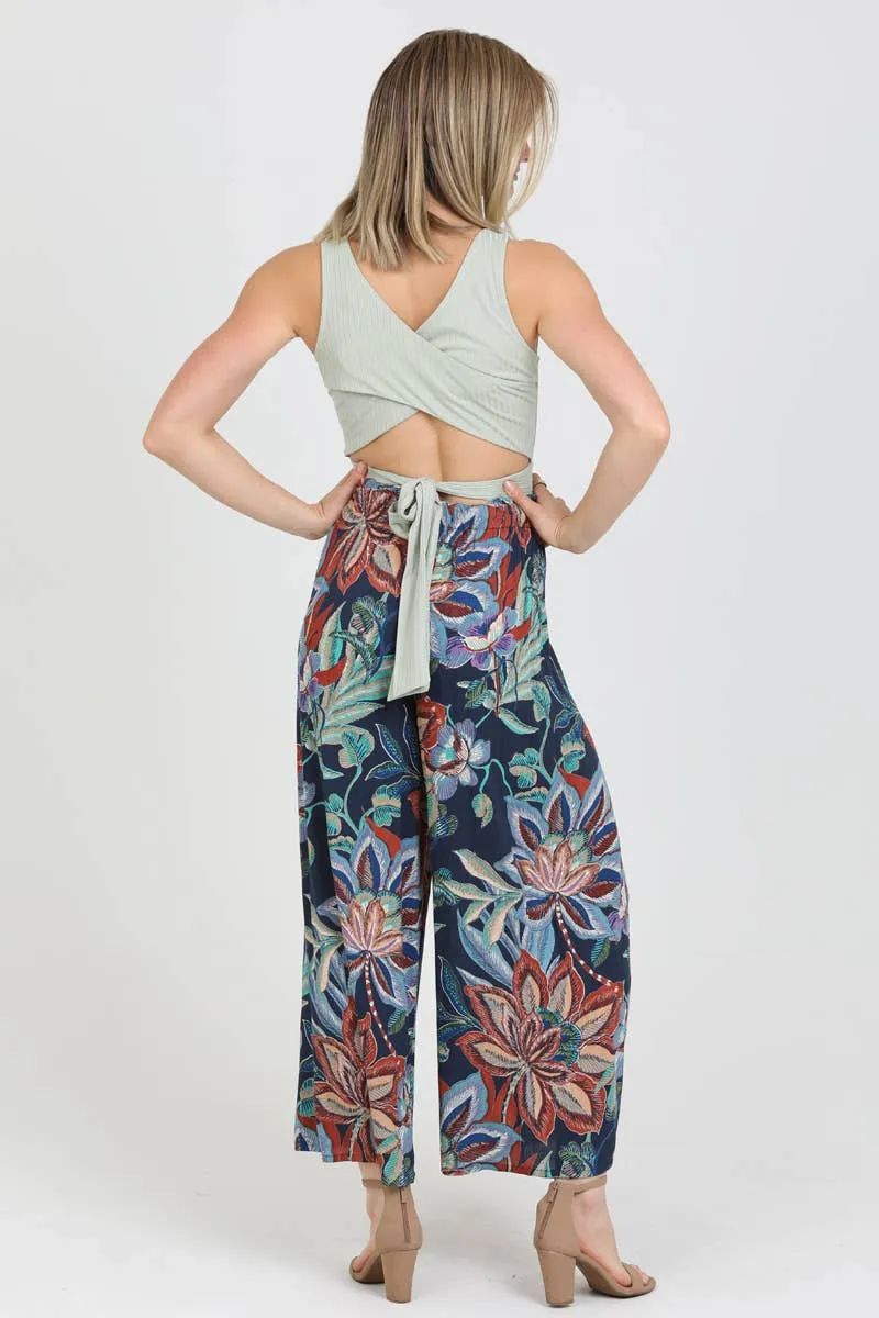 Tie Waist Wide Leg Pants w/ Front Slit